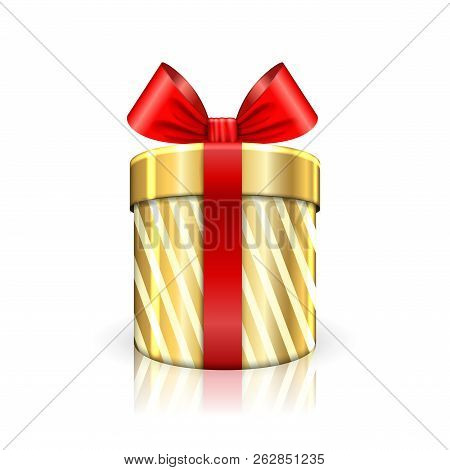 Gift Box 3d, Red Ribbon Bow Isolated White Background. Decoration Present Gold Gift-box For Happy Ho