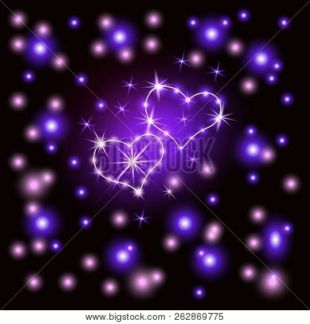 Shining Hearts. Retro Neon Sign Heart-violet On A Dark Background. Ready For Your Design, Greeting C