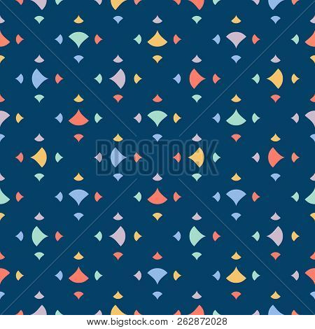 Cute Colorful Abstract Geometric Seamless Pattern With Small Triangles, Petals, Dots, Confetti On Bl