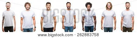 Collage of young caucasian, hispanic, afro men wearing white t-shirt over white isolated background with a happy and cool smile on face. Lucky person.