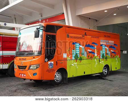 Jakarta, Indonesia - October 12, 2018: A Toilet Bus Parks Outside The Stadium Of Gelora Bung Karno S