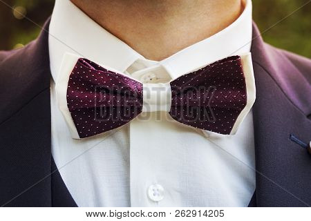 Close-up Of A Young Man Wearing A Tuxedo With A Bow Tie. A Male Suit With A Handsome Bow Tie For For