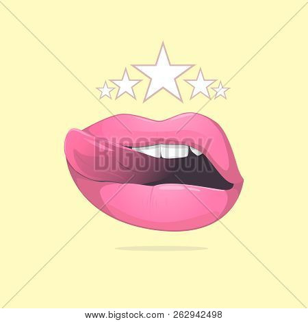 Glamorous Lips With Tongue Has Plump Forms Pink Color With Five Stars. Concept Is Glamorous Lifestyl