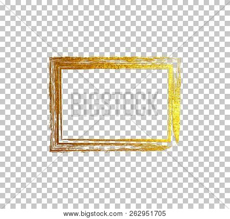 Vector Golden Brush Rectangle Isolated On Transparent Background. Golden Hand Drawn Rectangle Frame.