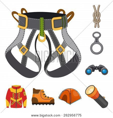 Vector Illustration Of Mountaineering And Peak Symbol. Set Of Mountaineering And Camp Vector Icon Fo