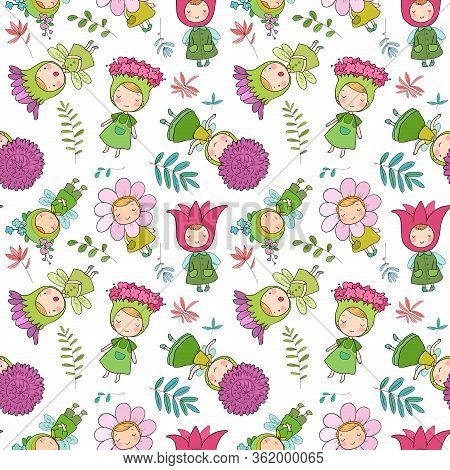 Pattern With Cute Cartoon Flower Fairies. Forest Gnomes. Fairytale Creatures. Funny Kids