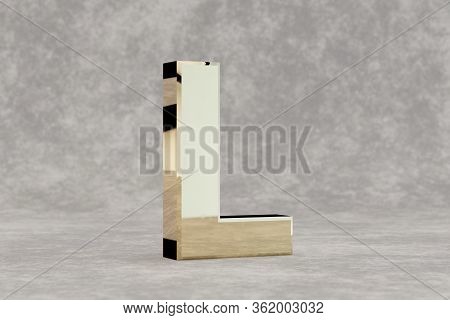 Gold 3d Letter L Uppercase. Glossy Golden Letter On Concrete Background. Metallic Alphabet With Stud