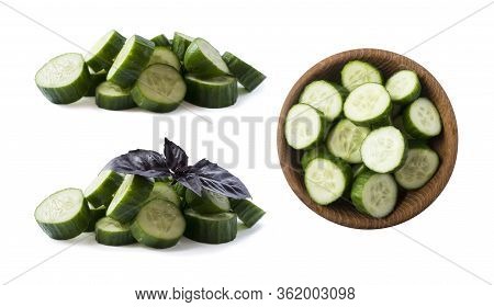 Sliced Cucumber Isolated On White. Cucumbers With Oregano Leaf With Copy Space For Text. Сucumber Sl