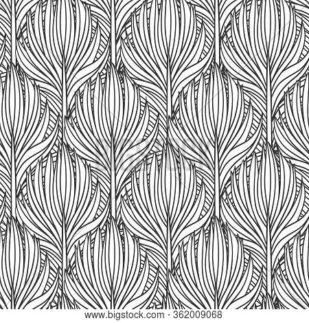 Abstract Feather Seamless Vector Pattern. Decorative Hand Drawn Vintage Background.