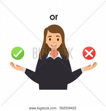Right Or Wrong Choice. True Or False. Woman Decision Between Right And Wrong. Making Choice, Difficu
