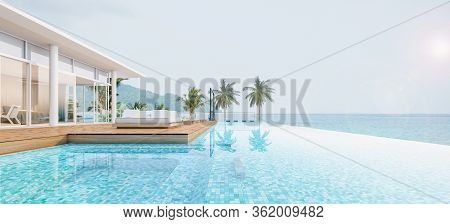 Sea View With A Beautiful Swimming Pool, Sunbeds And Swings,3d Render