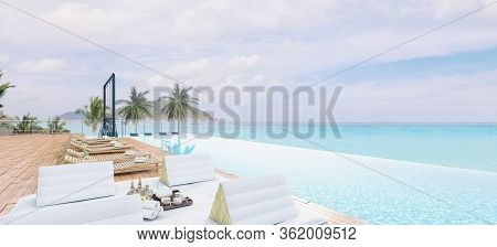 Sea View With A Beautiful Swimming Pool, Sunbeds And Swings,3d Render