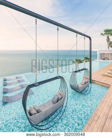 Sea View With A Beautiful Swimming Pool, Sunbeds And Swings,3d Render