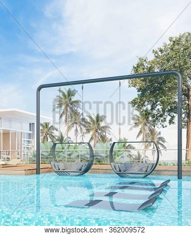 Sea View With A Beautiful Swimming Pool, Sunbeds And Swings,3d Render