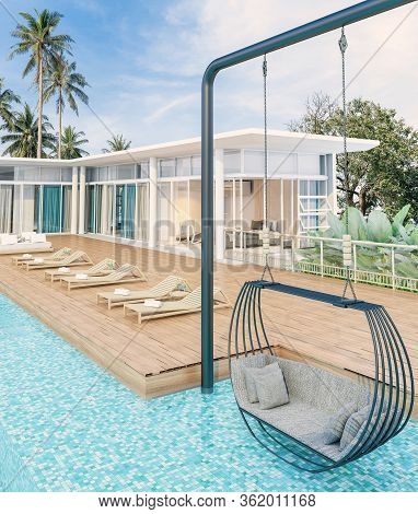 Sea View With A Beautiful Swimming Pool, Sunbeds And Swings,3d Render