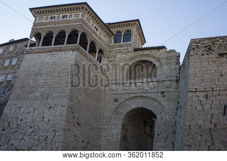 Perugia, Italy - December 10 2016: The Historical Building Called Etruscan Arch In Perugia, Italy