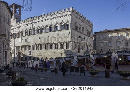 Perugia, Italy - December 10 2016: Palazzo Dei Priori Historical Building In The Heart Of Perugia Ci