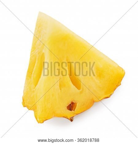 Pineapple Piece Isolated On White Background. Fresh Pineapple Chunk Macro, Tropical Food Concept
