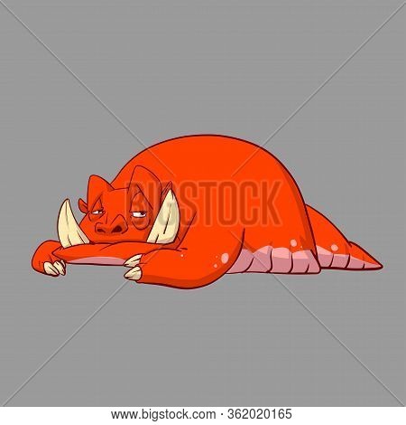 Colorful Vector Illustration Of A Red Monster Creature With Big Tusks And Tail