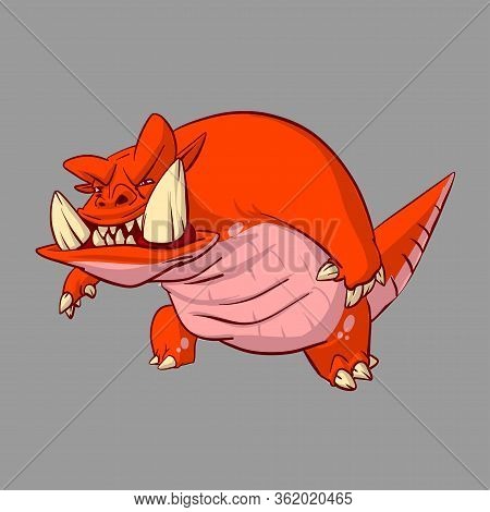 Colorful Vector Illustration Of A Red Monster Creature With Big Tusks And Tail