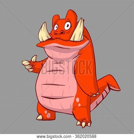 Colorful Vector Illustration Of A Red Monster Creature With Big Tusks And Tail