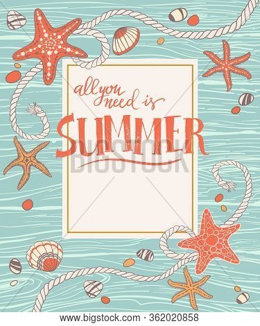 Hand Drawn Seastars, Rope, Seastones And Seashells On Wooden Background. Hand Written Summer Letteri