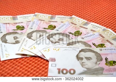 Five Hundred Hrivnas Bank Notes Ukrainian Money On A Fabric Texture Background Closeup.