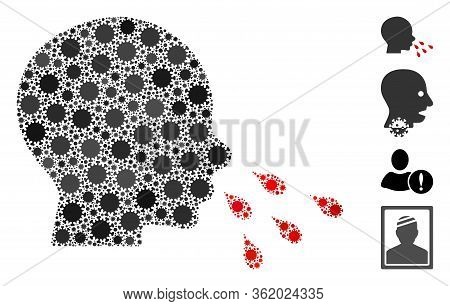 Collage Sneezing Man Designed From Covid-2019 Virus Icons In Variable Sizes And Color Hues. Vector V