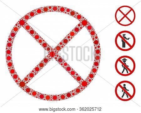 Collage Restricted Organized From Covid-2019 Virus Elements In Various Sizes And Color Hues. Vector 