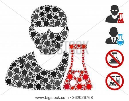 Collage Scientist With Flask United From Sars Virus Elements In Random Sizes And Color Hues. Vector 