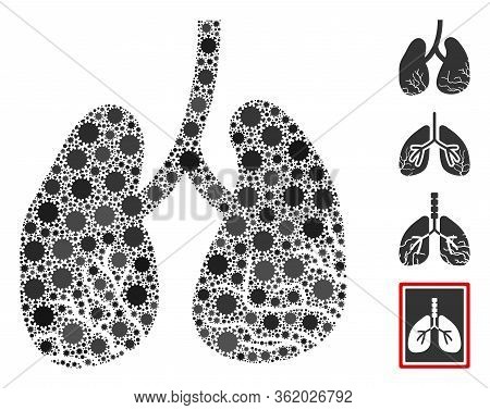 Collage Lung Cancer Composed Of Sars Virus Items In Random Sizes And Color Hues. Vector Viral Icons 