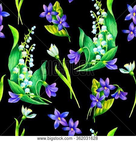 Spring Flowers: Snowdrop, May-lilly, Viola  Seamless Pattern, Hand Paint Watercolor Illustration, Te