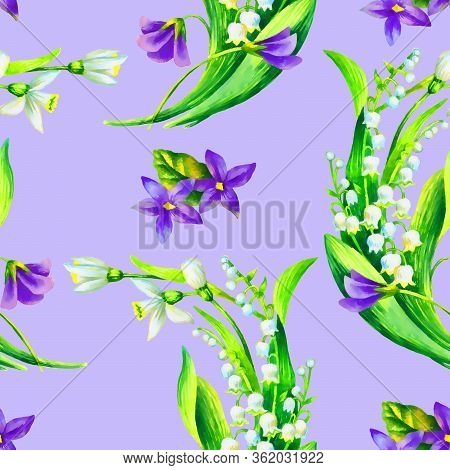 Spring Flowers: Snowdrop, May-lilly, Viola  Seamless Pattern, Hand Paint Watercolor Illustration, Te