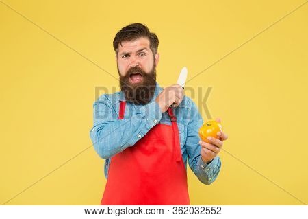 Mature Man Hold Knife And Vegetable. Chef Prepares Meal. Safe Cutting. Cutting Veggies. Ultimate Lis