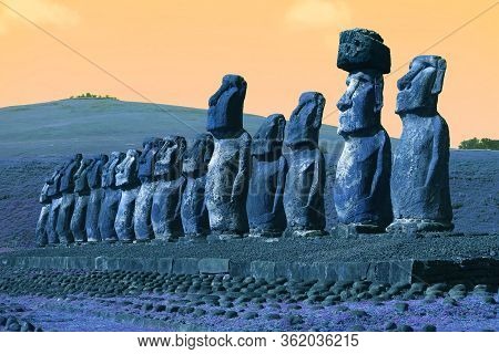 Pop Art Style Blue And Orange Colored Gigantic Moai Statues Of Ahu Tongariki On Easter Island Of Chi