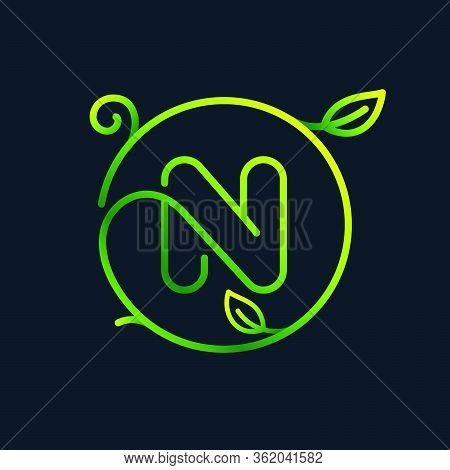 N Letter Leaf Logo In A Circle. Impossible One Line Style. Perfect Green Icon For Environment Labels