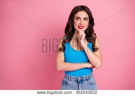Photo Of Attractive Lady Good Mood Look Up Empty Space Bite Lips Have Tricky Sly Idea Minded Wear Ca