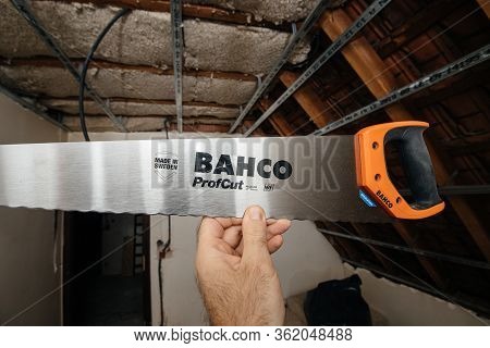 Paris, France - Mar 10, 2020: Male Hand Holding Against Construction Site Background New Bahco Profc
