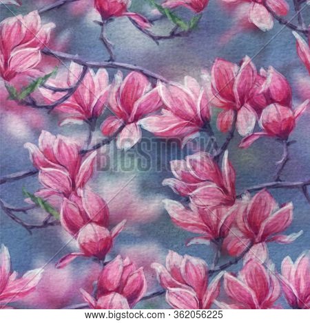 Blooming Magnolia - Seamless Random Pattern, Imitation Watercolor. Pink Flowers On A Gray Background