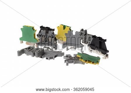 Set Of Electrical Pass Through Terminals For Din Rail, Isolated On White Background