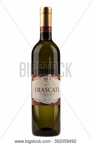 Varna, Bulgaria - April 14, 2020. Bottle Of Frascati Wine, Isolated On White Background. Frascati Is