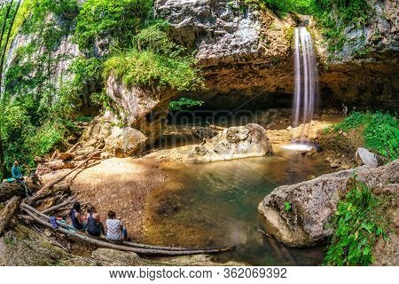 Mezmay, Russia - August 13, 2017: Beautiful Scenic Summer Landscape Of Chinarev Waterfall In Caucasu
