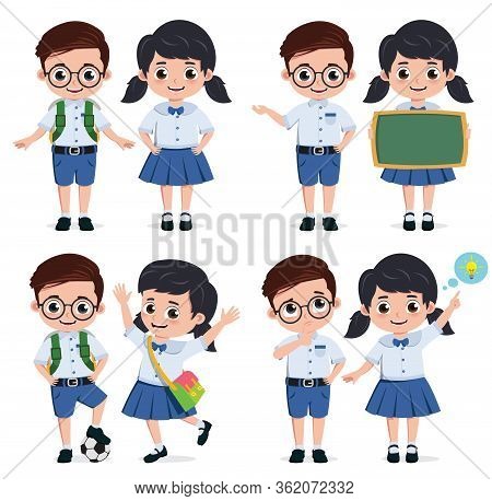 School Students Vector Characters Set. Back To School Classmates Elementary Student Characters In Ed