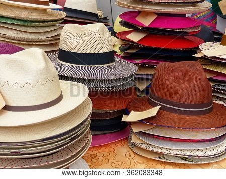 Colorful Handmade Panama Hats Or Paja Toquilla Hat Or Sombrero At The Traditional Outdoor Market In 
