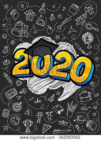 Concept Of A Graduating Class Of 2020. Numbers With Graduation Cap In Pop Art Style