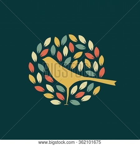 Beautiful And Charming Design Logo Bird In Leaf.