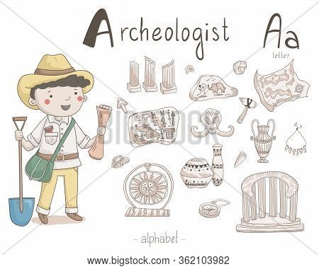 Vector Character - Archaeologist With Different Archaeological Icons Around Isolated On Light Backgr