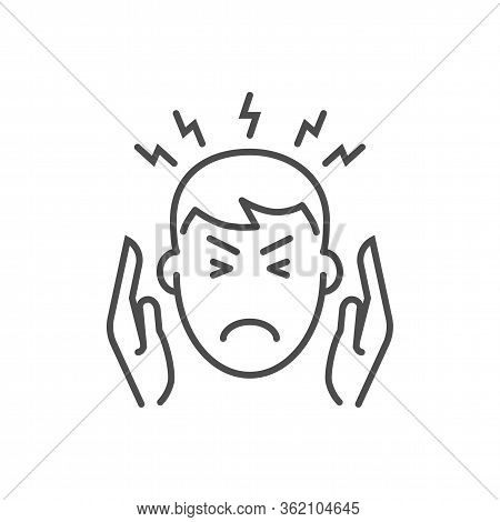 Headache Related Vector Thin Line Icon. The Head Of A Man With A Headache In His Hands At The Temple