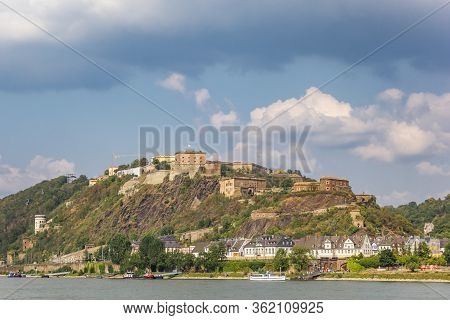 Historic Fortess Ehrenbreitstein On A Hill In Koblenz, Germany