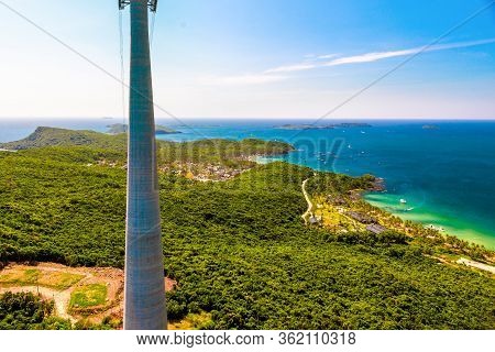 The Highest Cable Car In  Fukuok, Vietnam, A Long Walk At High Altitude Above The Sea. View From Abo